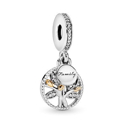 Family tree silver dangle with 14k and clear cubic zirconia