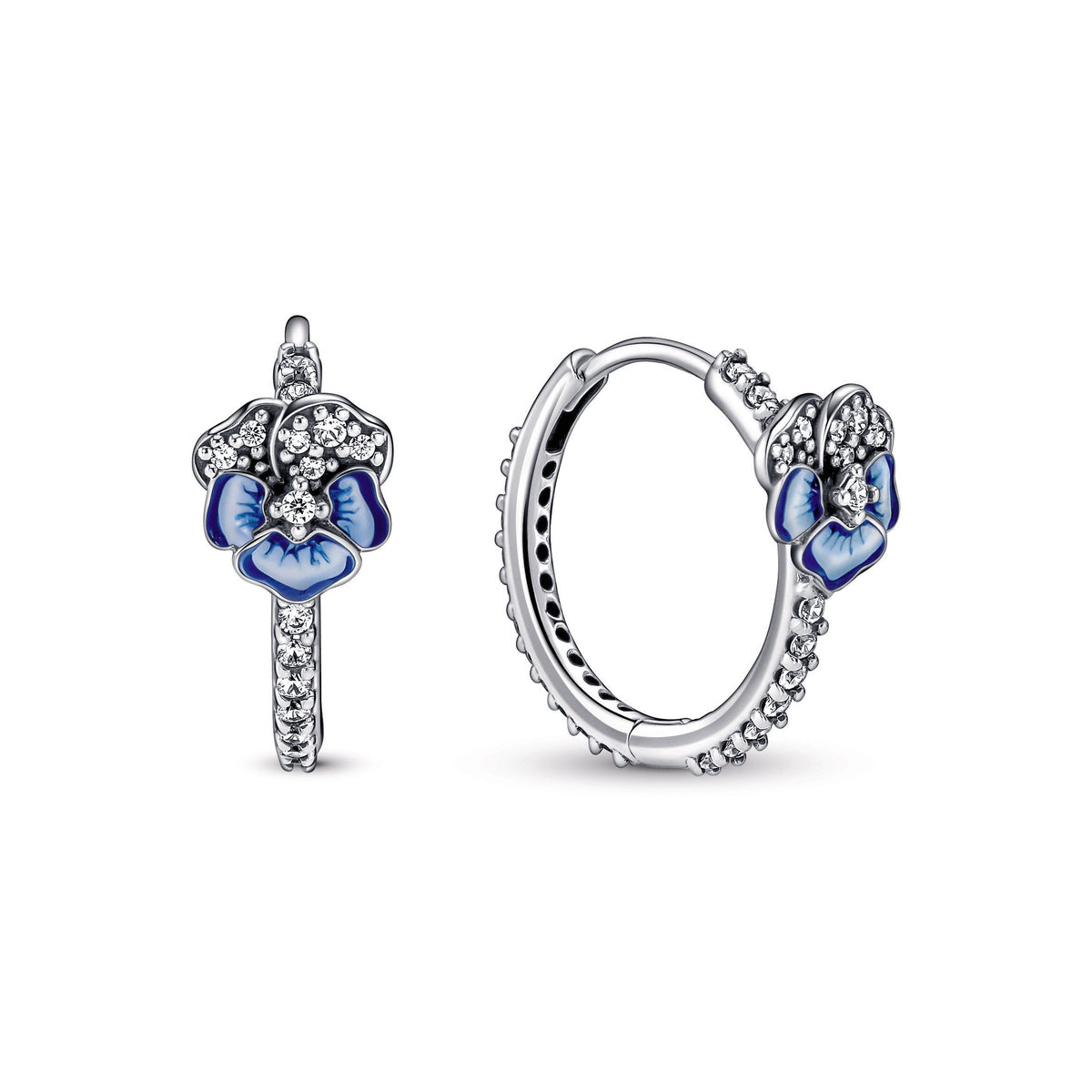Blue Pansy Flower Hoop Earrings