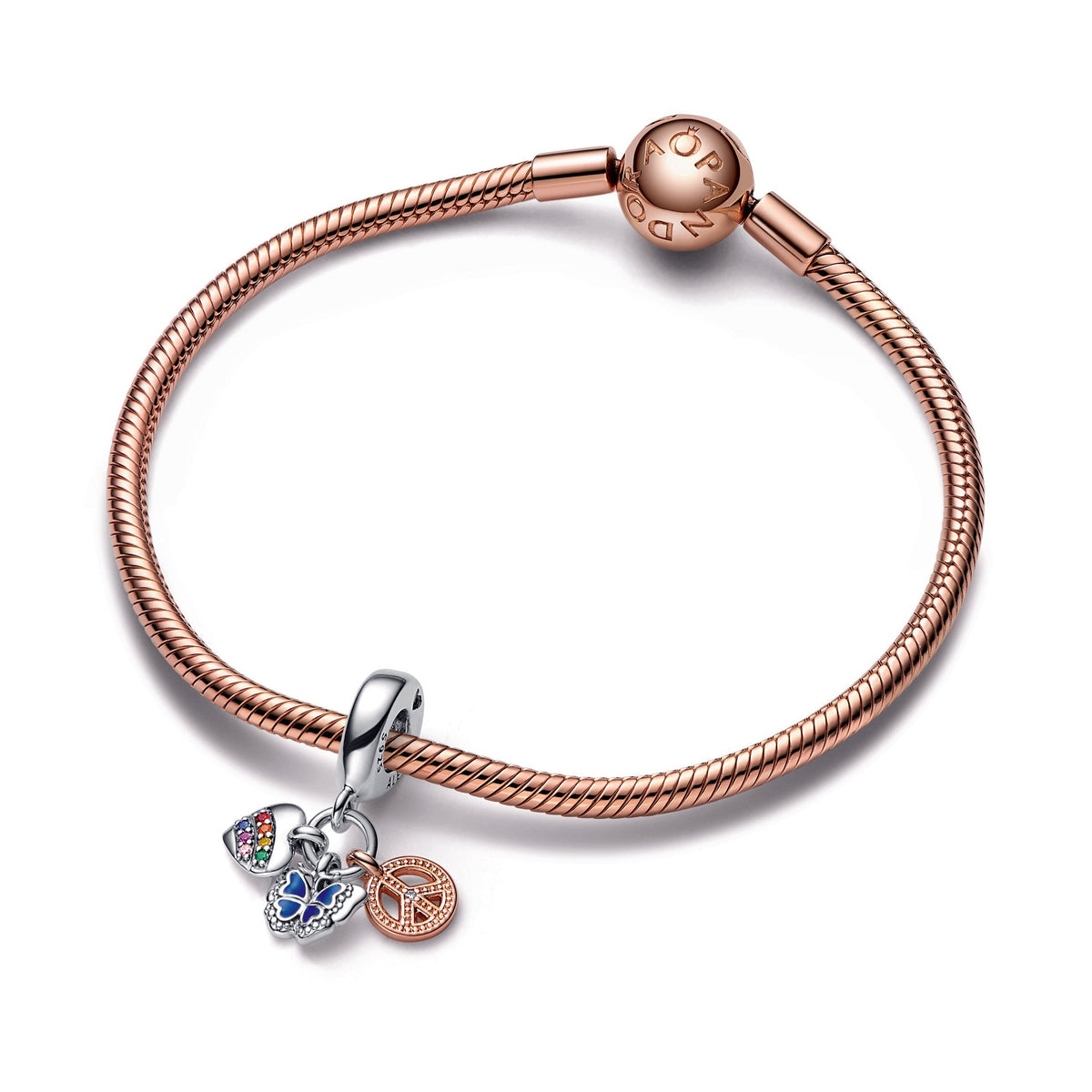 Two-Tone Rainbow Heart, Butterfly & Peace Triple Dangle Charm